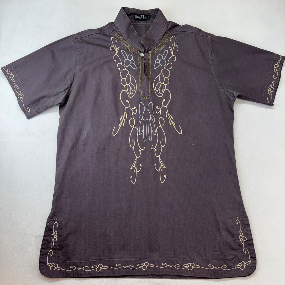 King N Jack Tunic Shirt‎ Mens XL Charcoal Gray Excellent Embroidered Boho Henley - Picture 3 of 6